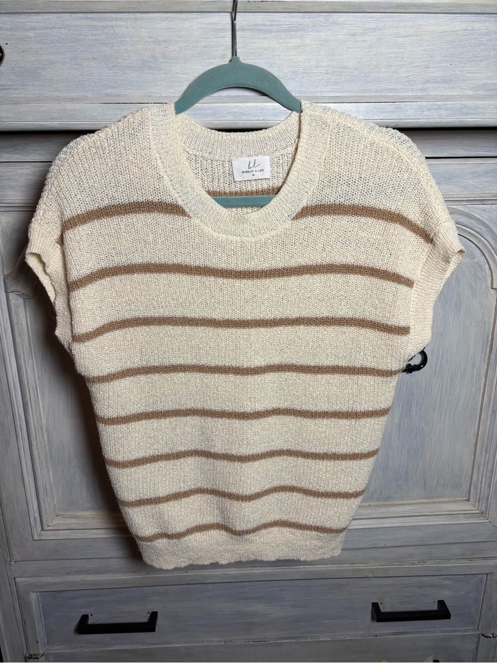 Boutique Cream & Tan Chunky Knit Sweater Vest Preppy Stylish Relaxed Grandpa